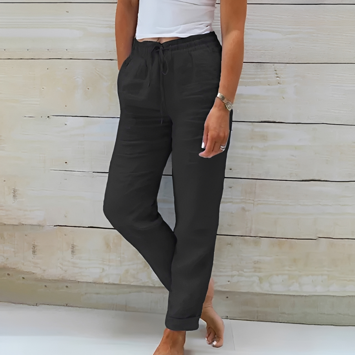 Pantalones de mujer rectos relajados con cinturilla elástica y cordón, bolsillos laterales y largo tobillo