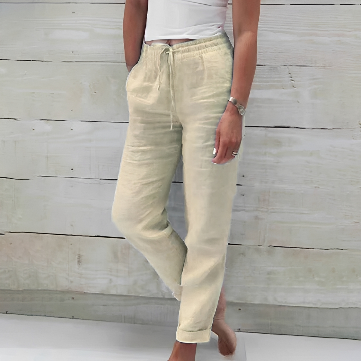 Pantalones de mujer rectos relajados con cinturilla elástica y cordón, bolsillos laterales y largo tobillo