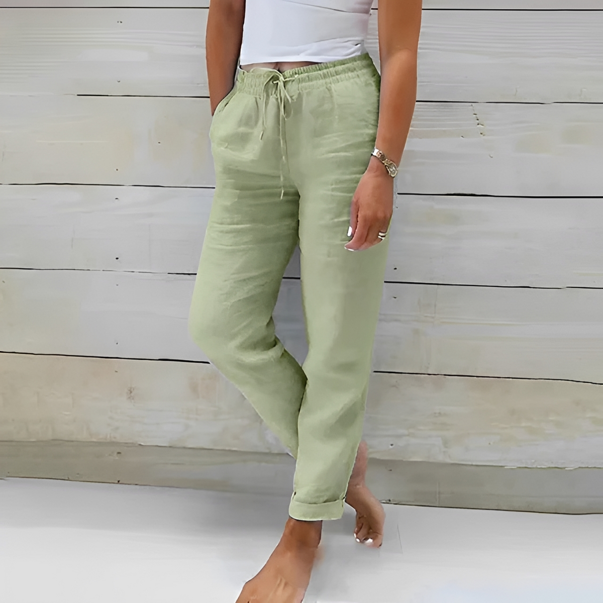 Pantalones de mujer rectos relajados con cinturilla elástica y cordón, bolsillos laterales y largo tobillo