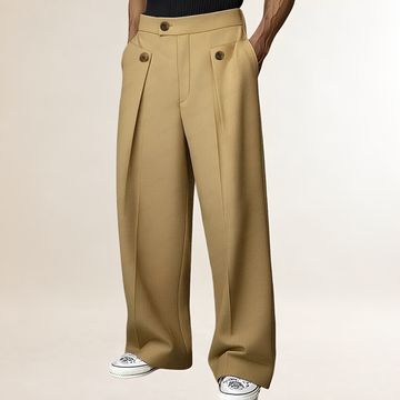 Pantalones de pierna ancha para hombre de tiro alto con botón y pliegues