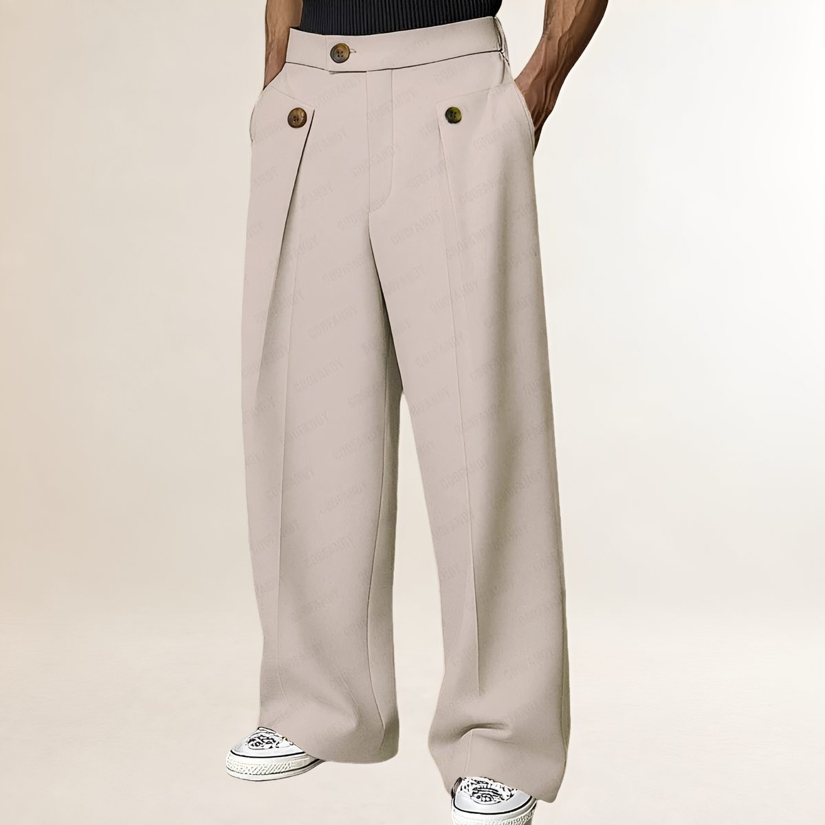 Pantalones de pierna ancha para hombre de tiro alto con botón y pliegues