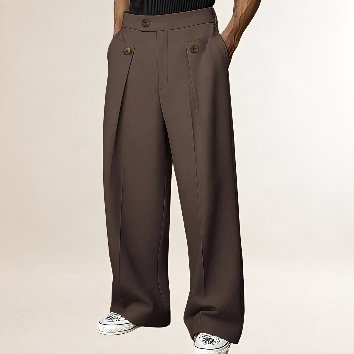 Pantalones de pierna ancha para hombre de tiro alto con botón y pliegues