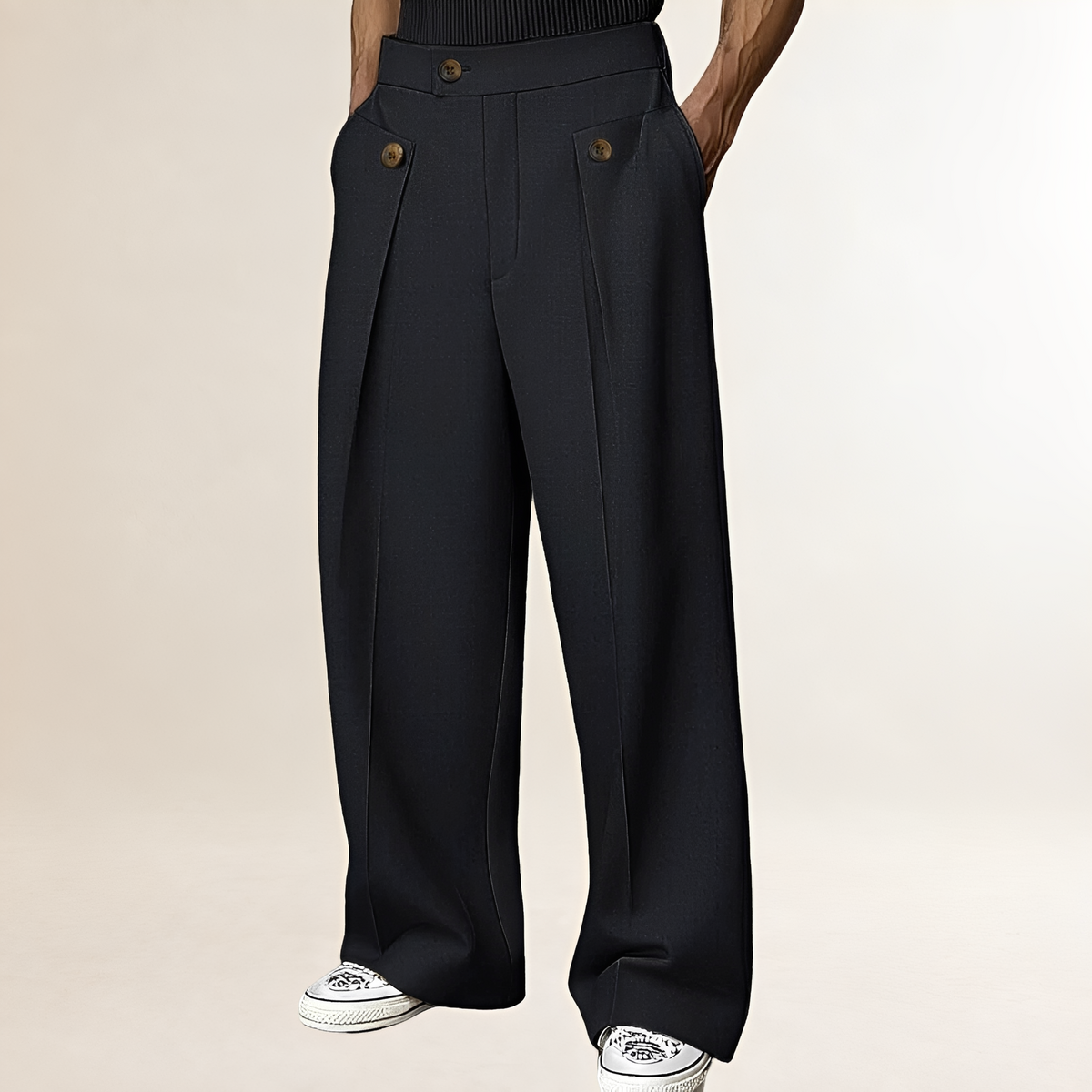 Pantalones de pierna ancha para hombre de tiro alto con botón y pliegues