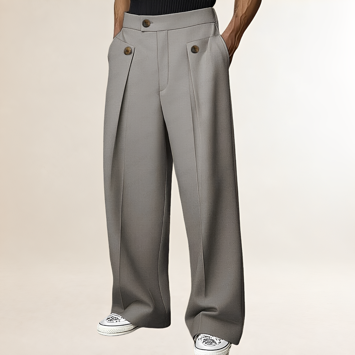 Pantalones de pierna ancha para hombre de tiro alto con botón y pliegues