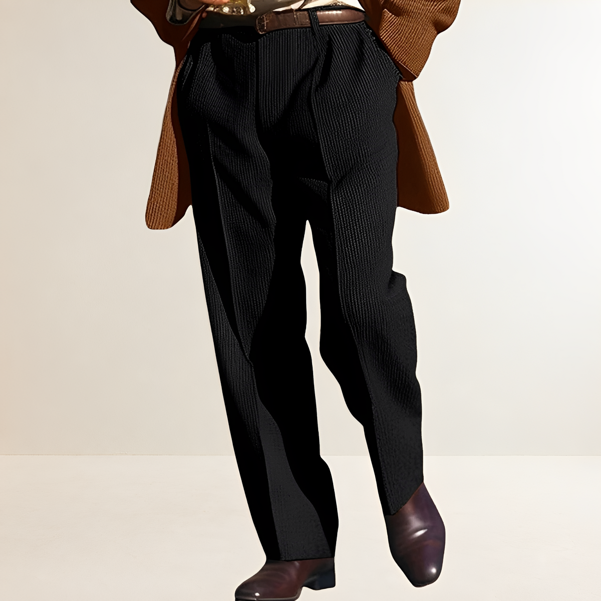 Pantalones de traje para hombre con rayas y corte recto con pliegues