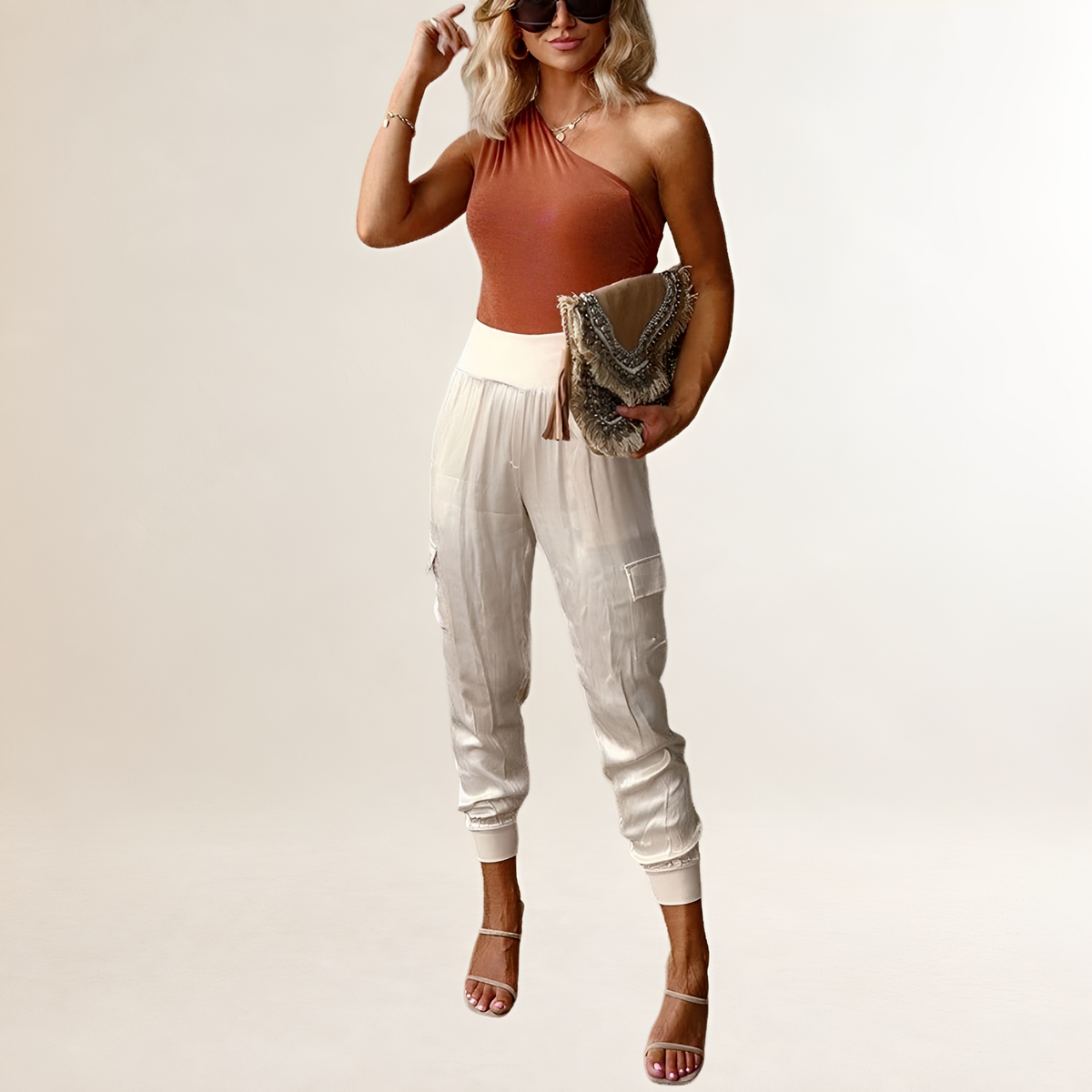 Pantalones jogger cargo de mujer tiro alto con bolsillos y puños acanalados