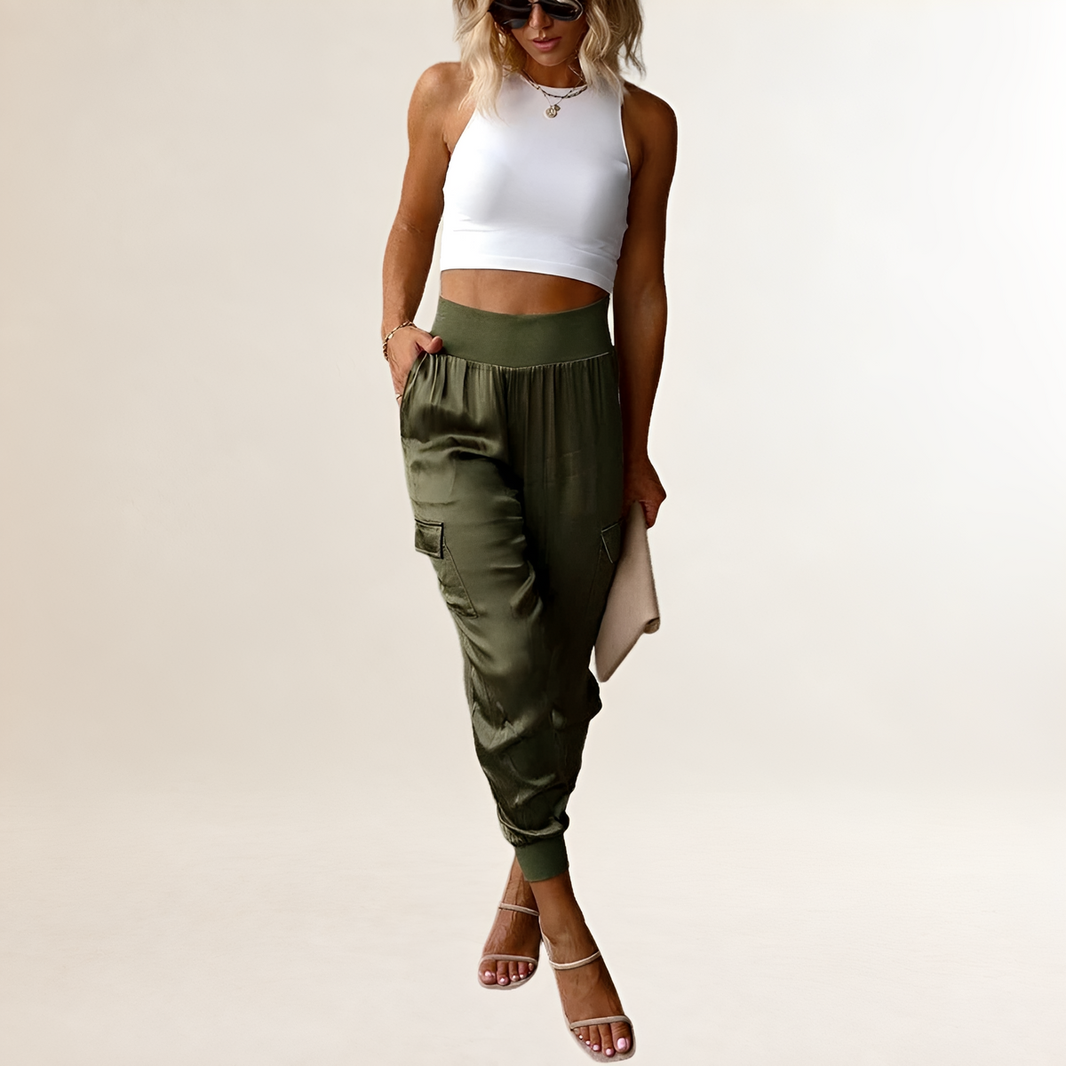 Pantalones jogger cargo de mujer tiro alto con bolsillos y puños acanalados