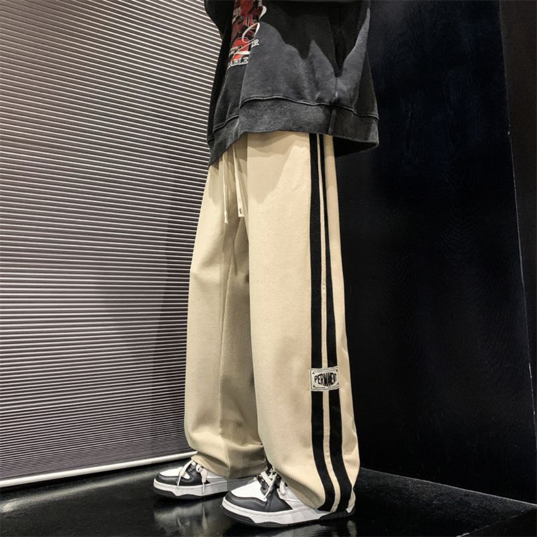 Pantalones para hombre con cintura elástica y cordón - pierna amplia, detalle de rayas en el costado