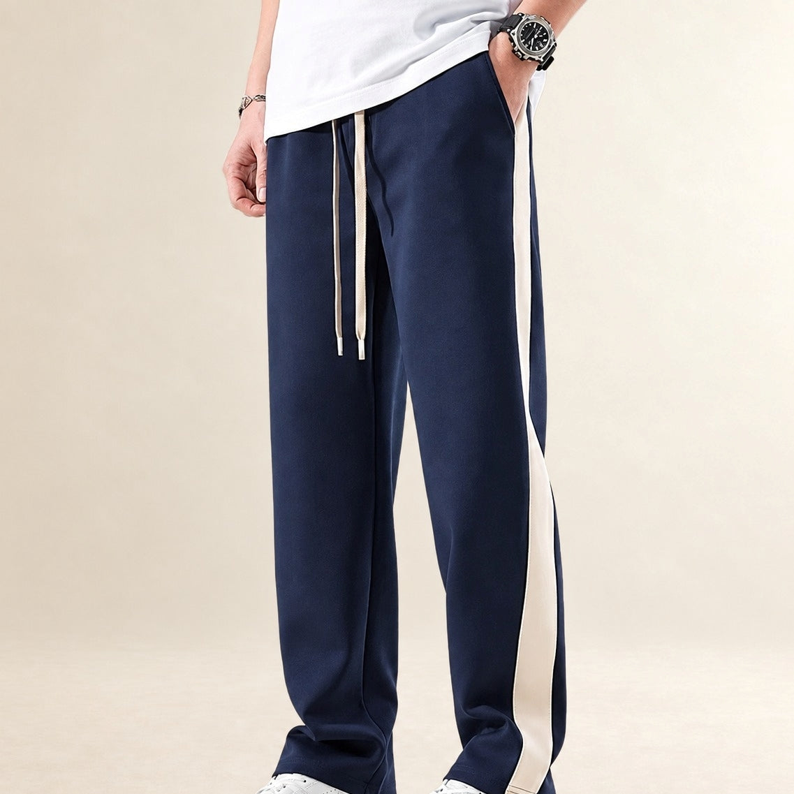 Pantalones para hombre de corte recto con diseño en bloque de color y rayas laterales
