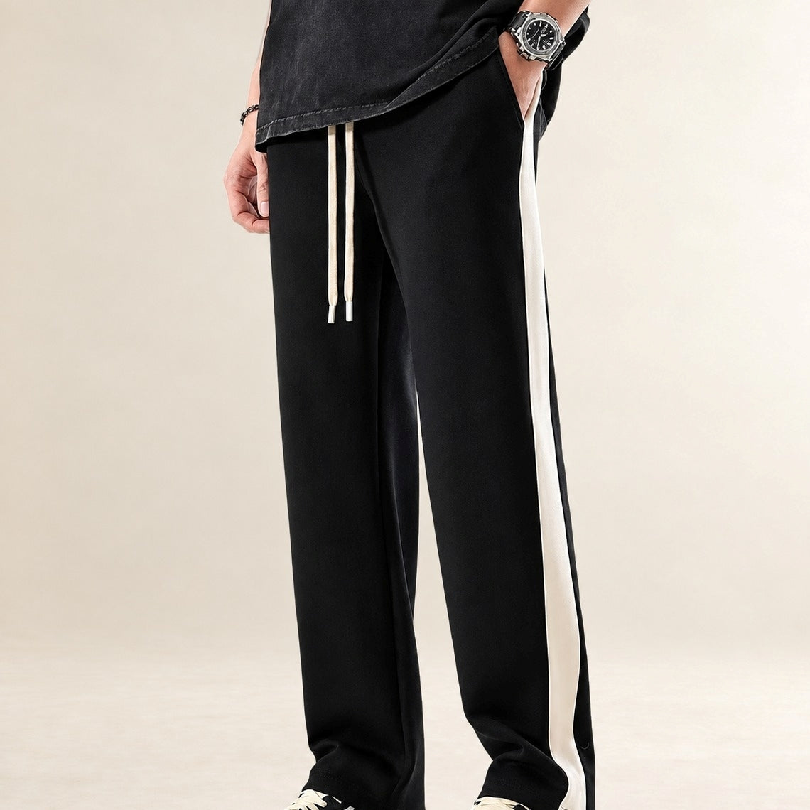 Pantalones para hombre de corte recto con diseño en bloque de color y rayas laterales