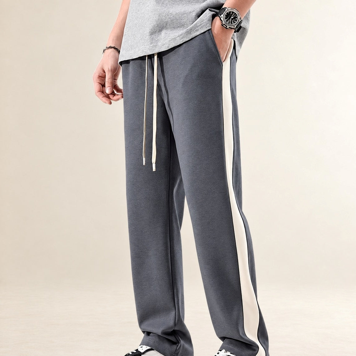 Pantalones para hombre de corte recto con diseño en bloque de color y rayas laterales