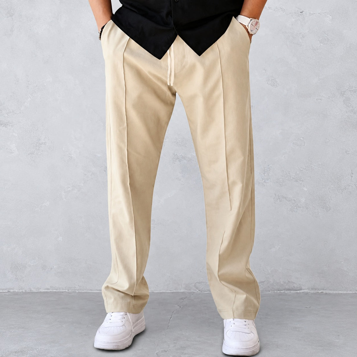 Pantalones para hombre - Diseño plisado con cintura elástica y bolsillos laterales