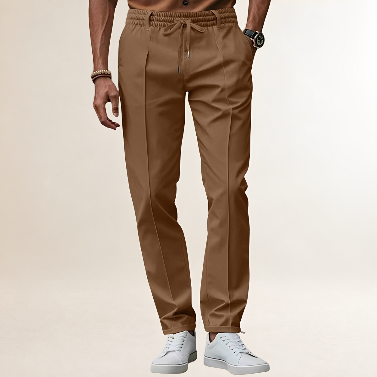 Pantalones para hombres con cintura elástica y cordón ajustable línea de pliegues