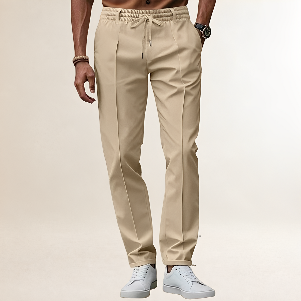Pantalones para hombres con cintura elástica y cordón ajustable línea de pliegues