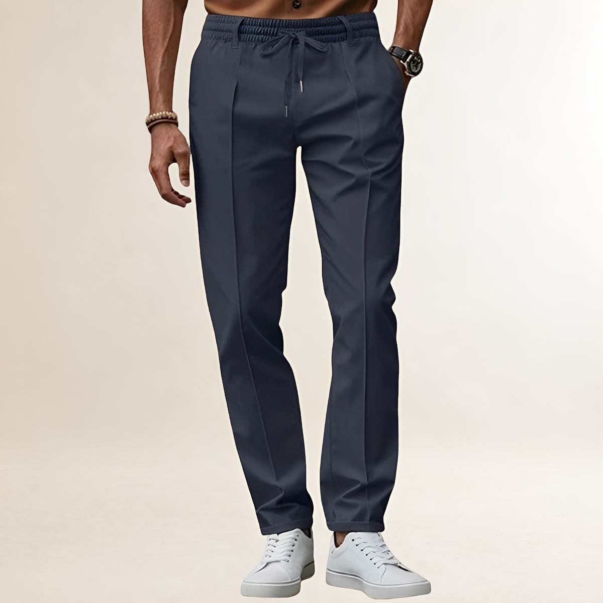 Pantalones para hombres con cintura elástica y cordón ajustable línea de pliegues