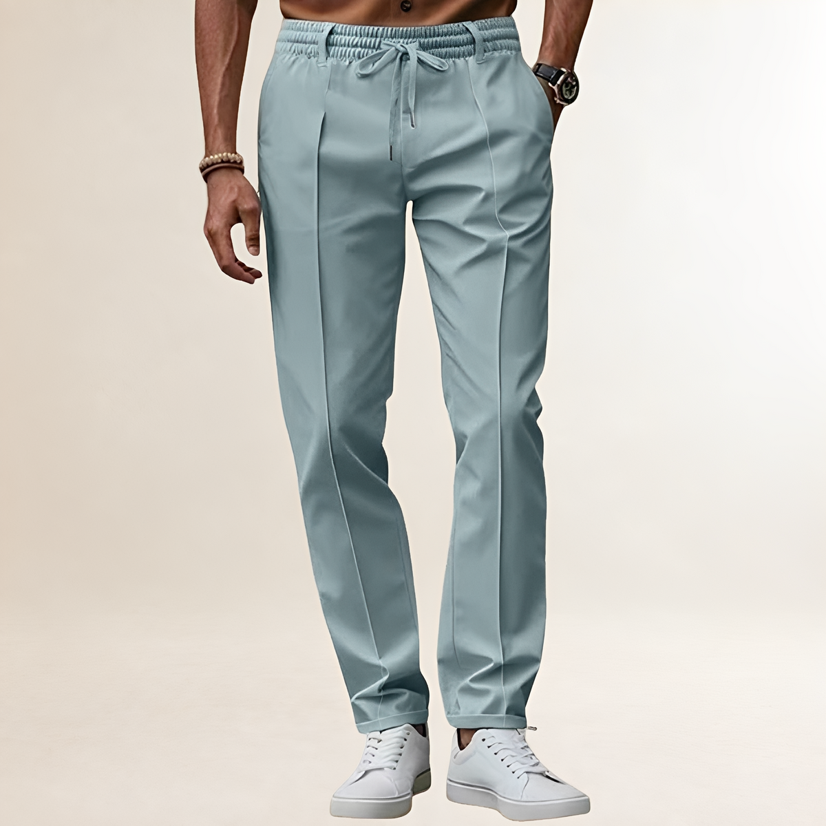 Pantalones para hombres con cintura elástica y cordón ajustable línea de pliegues