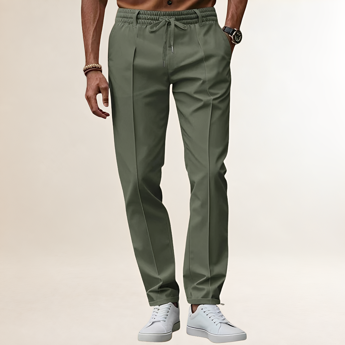 Pantalones para hombres con cintura elástica y cordón ajustable línea de pliegues