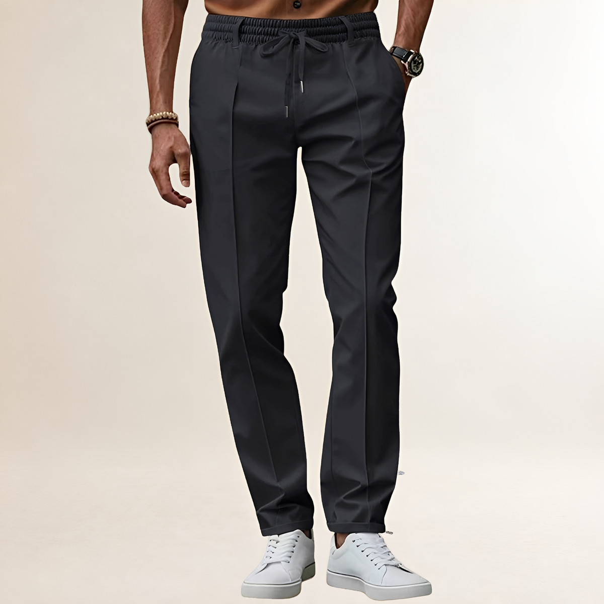 Pantalones para hombres con cintura elástica y cordón ajustable línea de pliegues