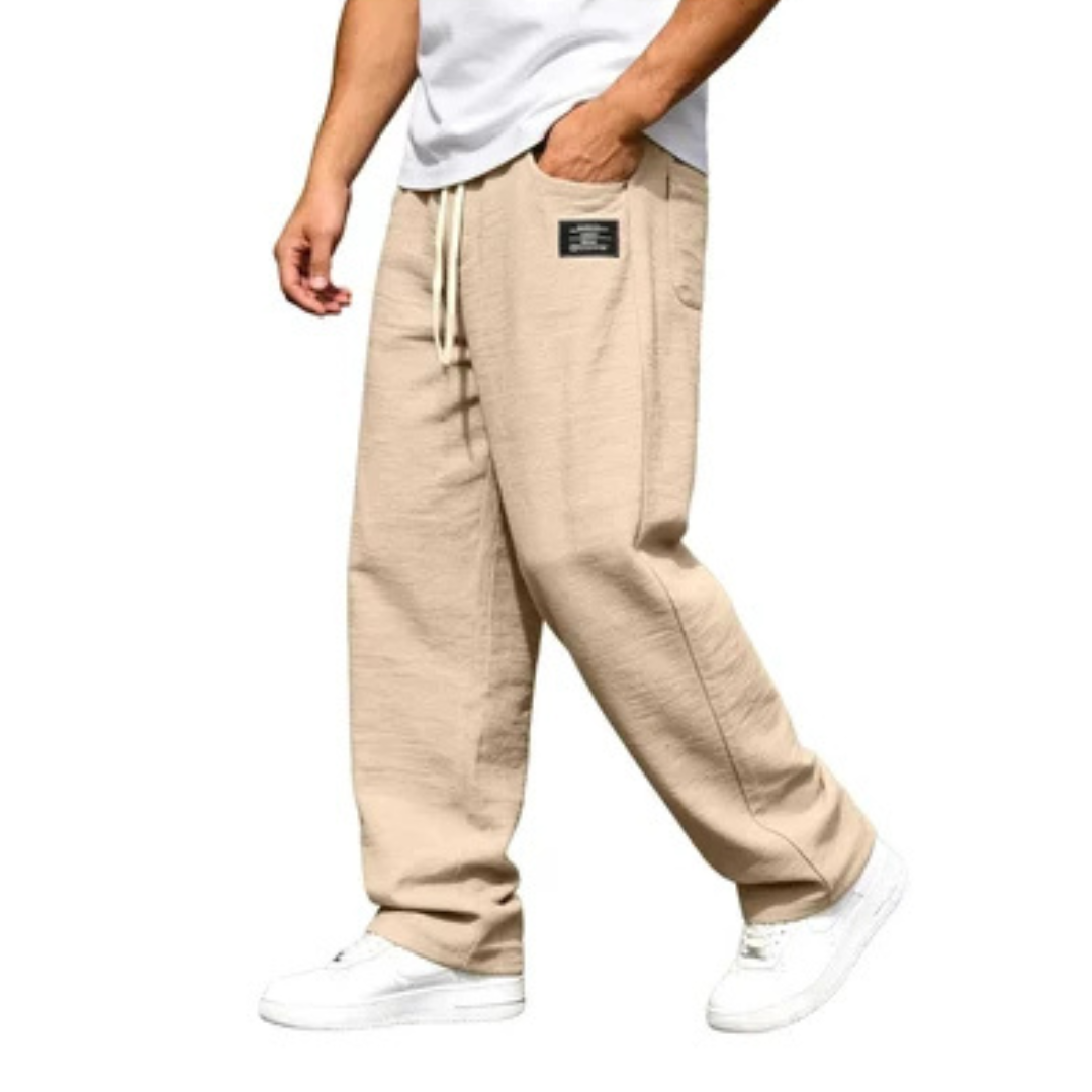 Pantalones rectos para hombre, tiro relajado con cintura elástica y cordón - bolsillos laterales, detalle de parche