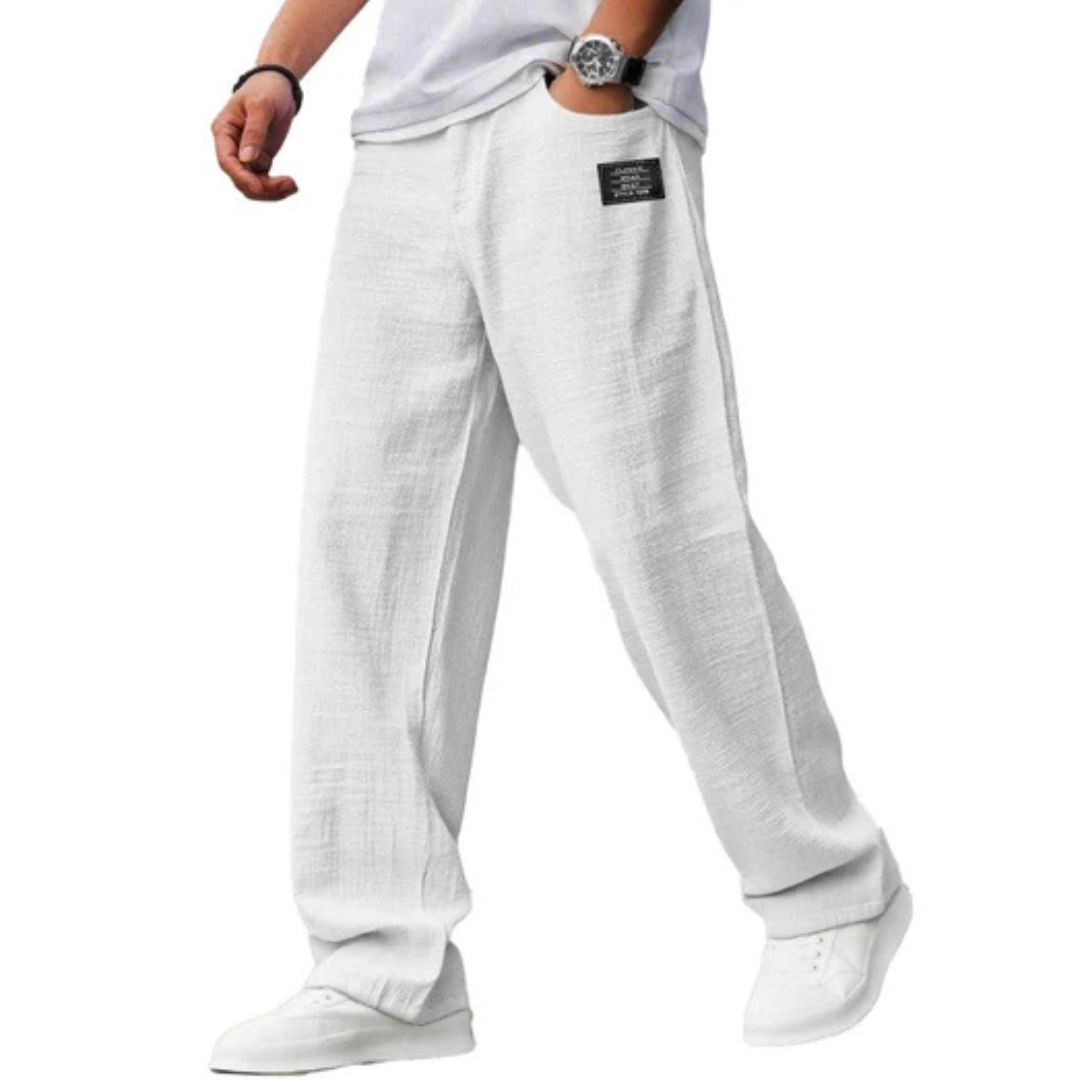Pantalones rectos para hombre, tiro relajado con cintura elástica y cordón - bolsillos laterales, detalle de parche