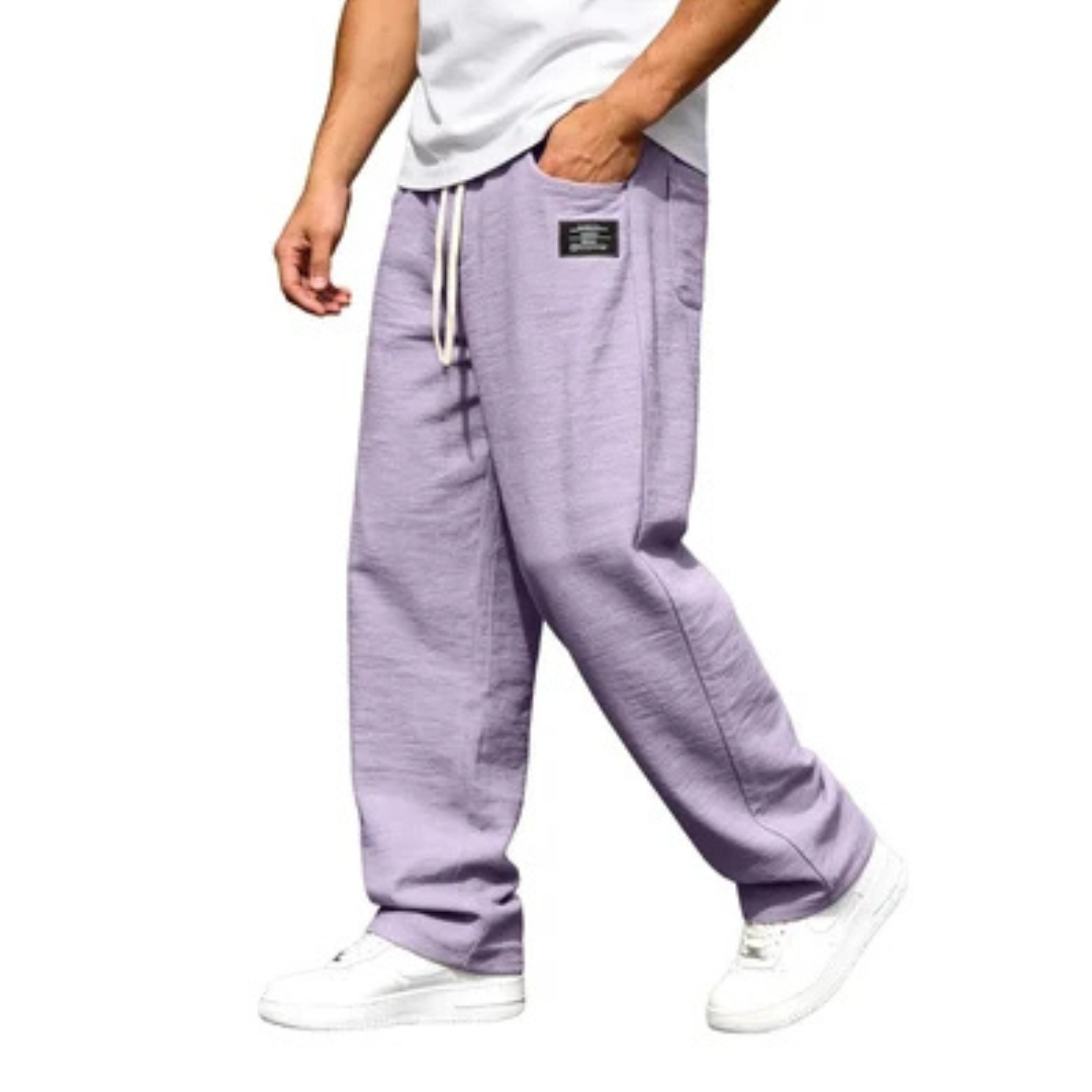 Pantalones rectos para hombre, tiro relajado con cintura elástica y cordón - bolsillos laterales, detalle de parche