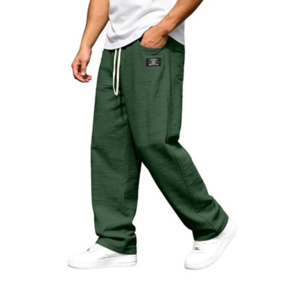 Pantalones rectos para hombre, tiro relajado con cintura elástica y cordón - bolsillos laterales, detalle de parche