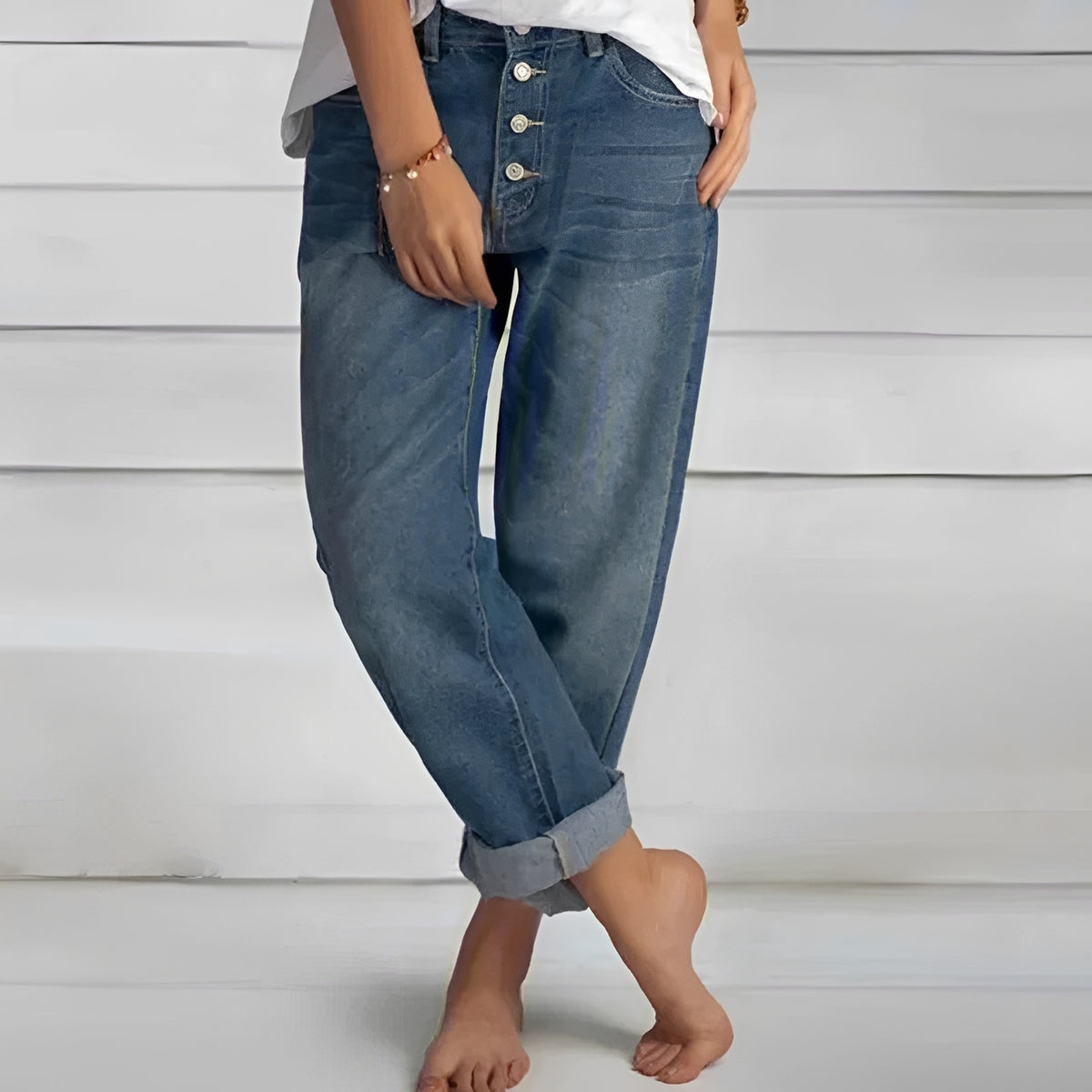 Pantalones vaqueros para mujer de tiro alto corte suelto cierre de botón dobladillo enrollado