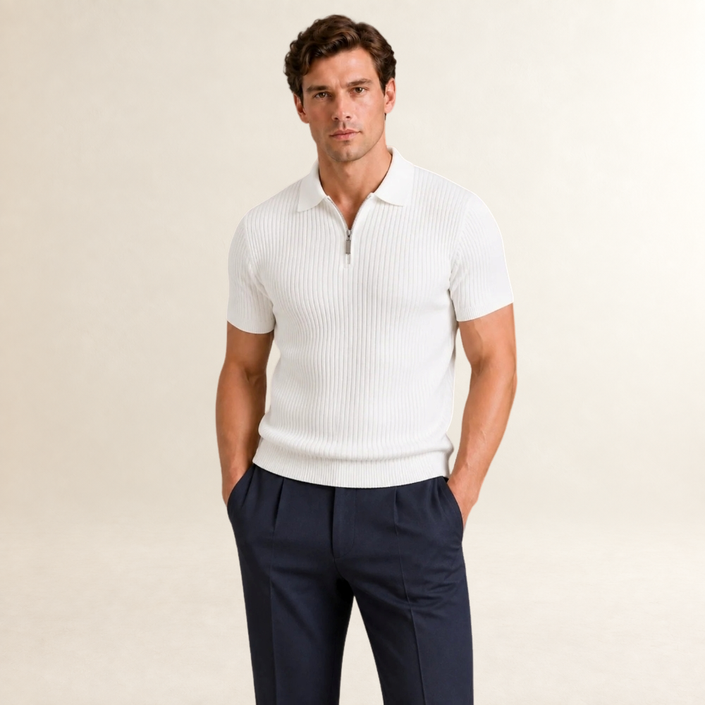 Playera polo con cierre de cremallera y diseño acanalado de manga corta para hombre