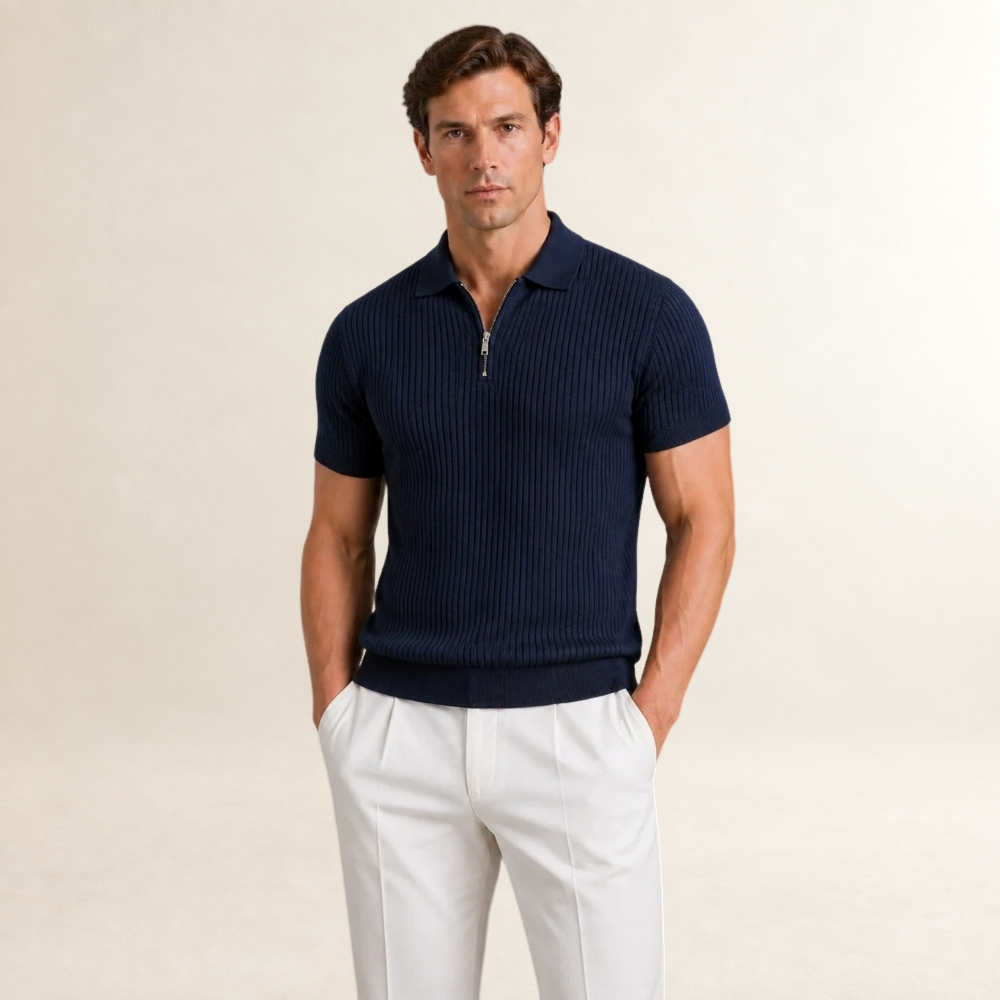 Playera polo con cierre de cremallera y diseño acanalado de manga corta para hombre