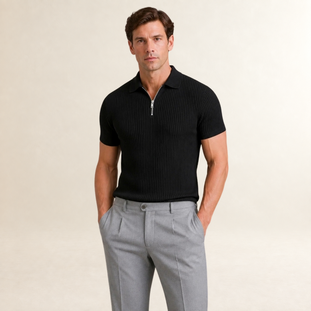 Playera polo con cierre de cremallera y diseño acanalado de manga corta para hombre