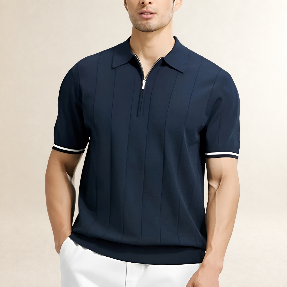 Polo de hombre de manga corta con cierre de cremallera y rayas verticales