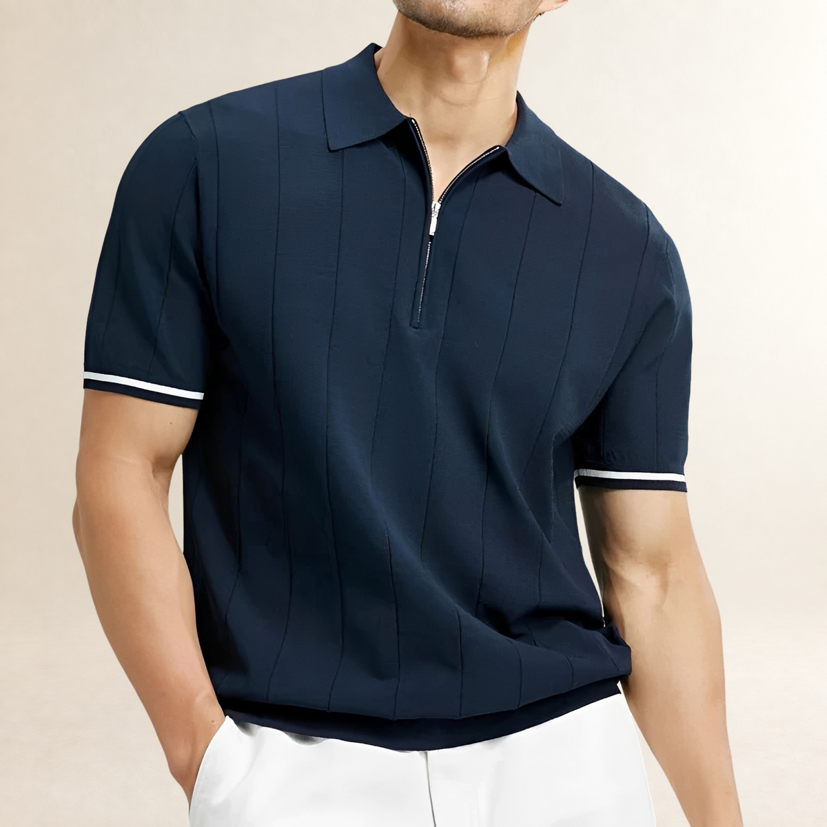 Polo de hombre de manga corta con cierre de cremallera y rayas verticales