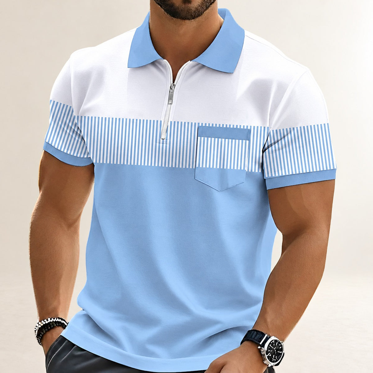 Polo de hombre de manga corta con cremallera parcial y panel de rayas horizontales en el pecho - corte relajado