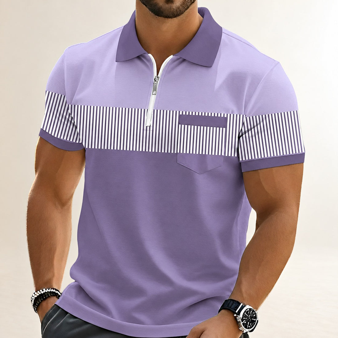 Polo de hombre de manga corta con cremallera parcial y panel de rayas horizontales en el pecho - corte relajado