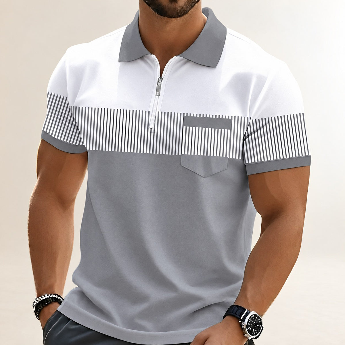 Polo de hombre de manga corta con cremallera parcial y panel de rayas horizontales en el pecho - corte relajado