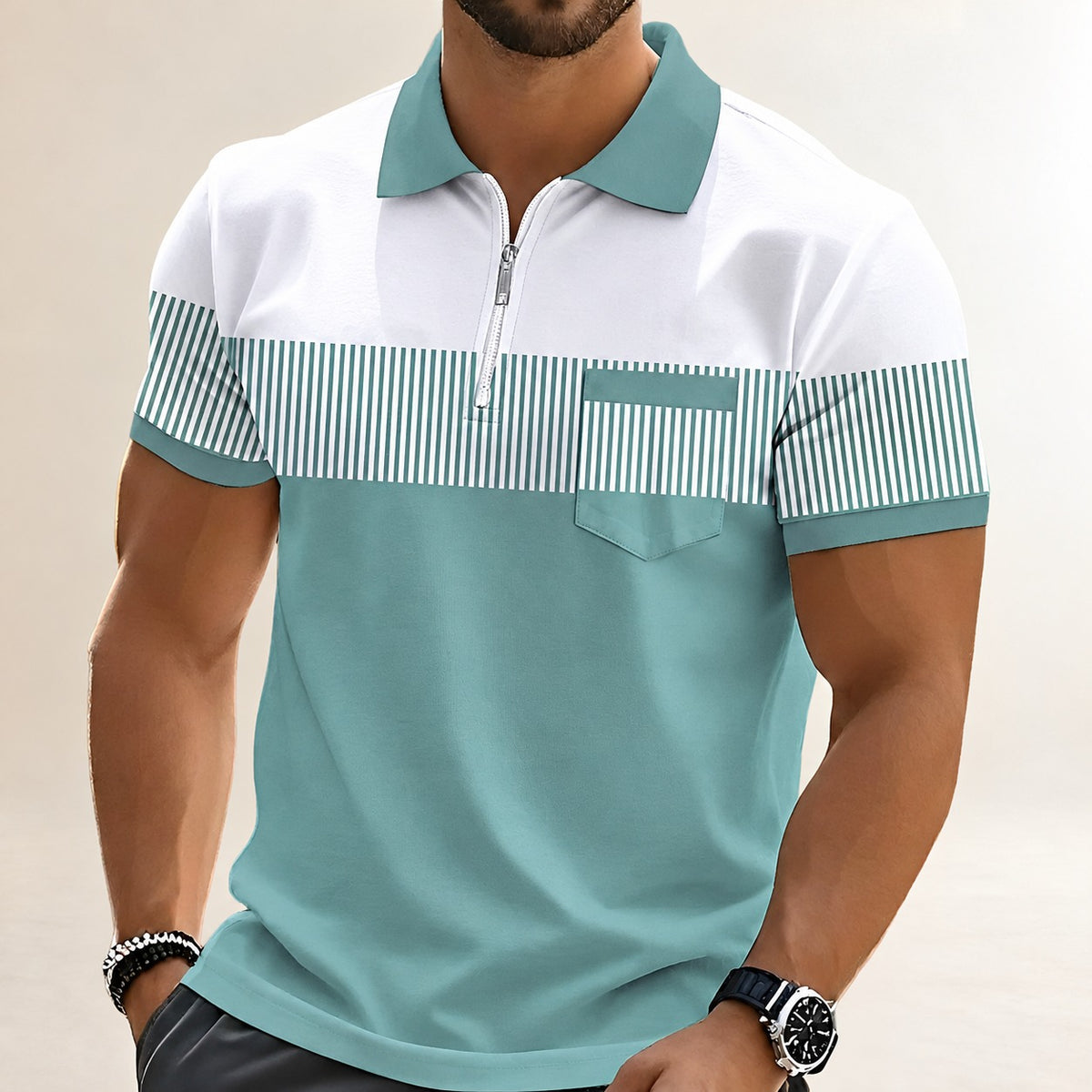 Polo de hombre de manga corta con cremallera parcial y panel de rayas horizontales en el pecho - corte relajado