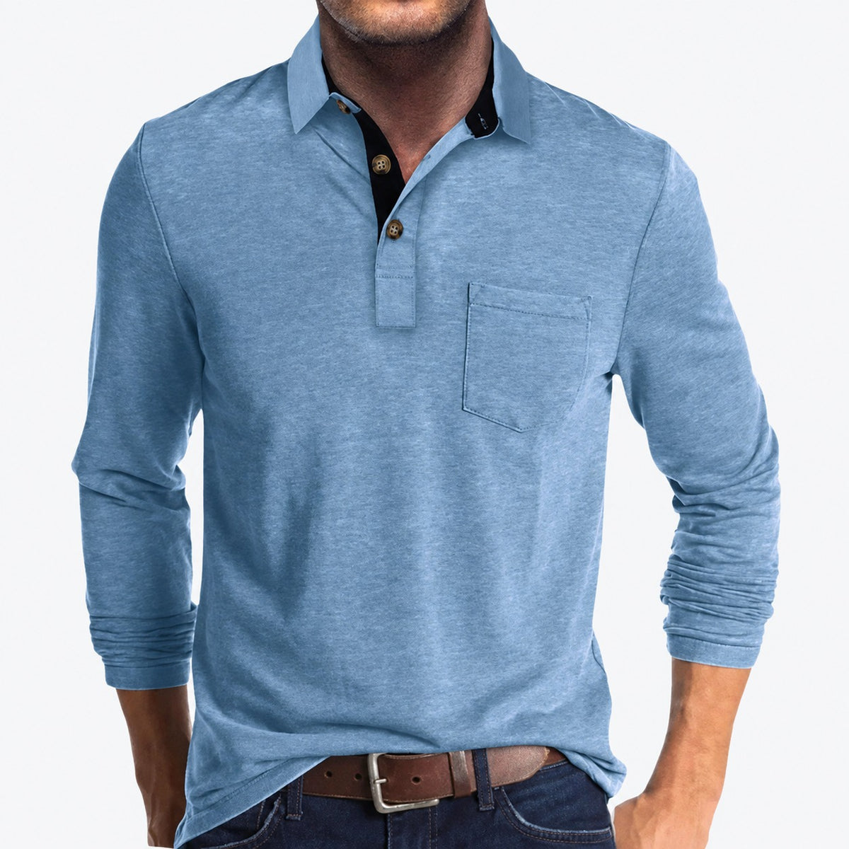 Polo de hombre de manga larga con bolsillo y cuello clásico con botones