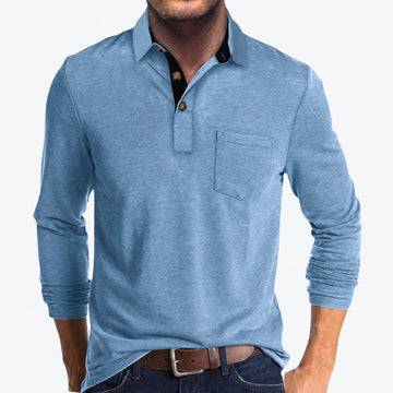 Polo de hombre de manga larga con bolsillo y cuello clásico con botones