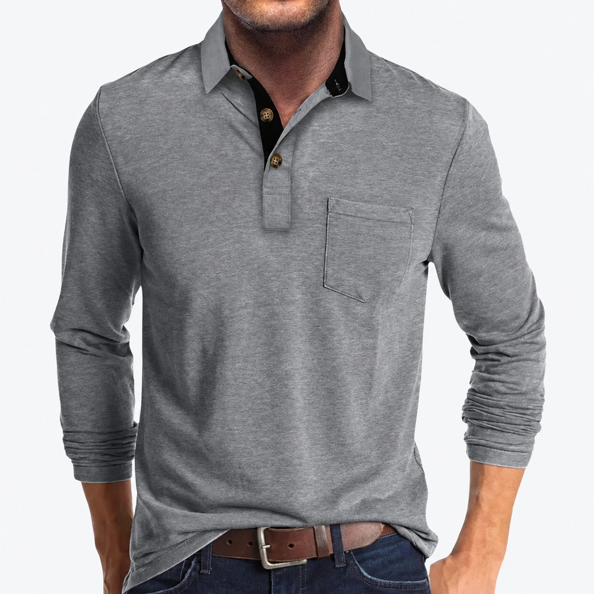 Polo de hombre de manga larga con bolsillo y cuello clásico con botones