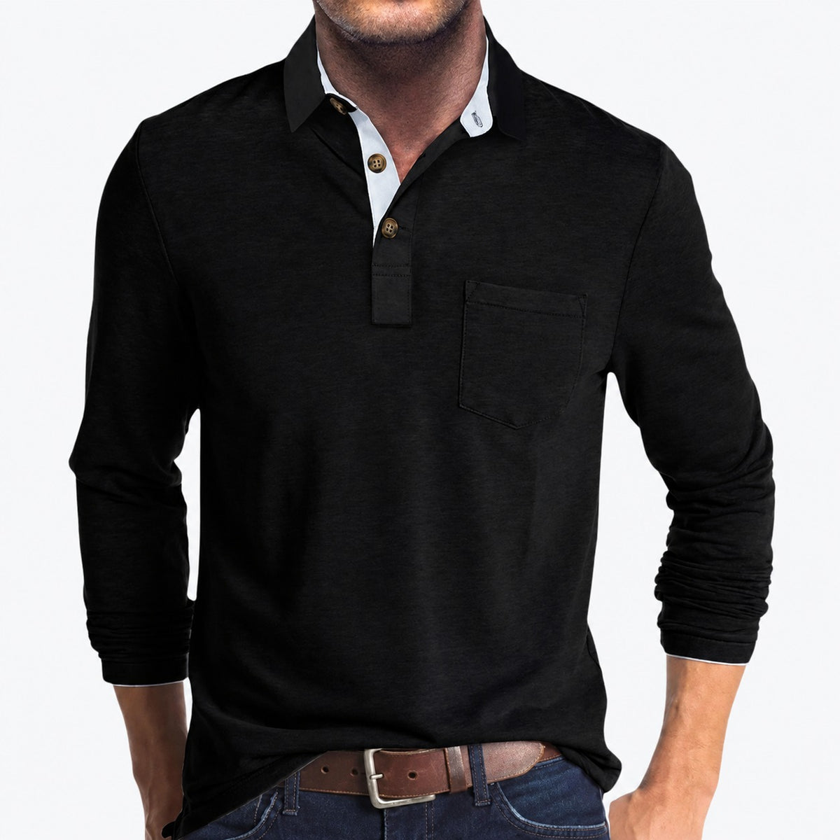 Polo de hombre de manga larga con bolsillo y cuello clásico con botones