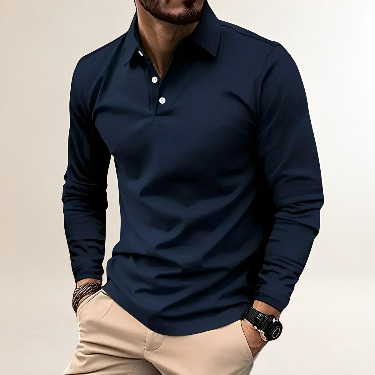 Polo de hombre de manga larga con cuello clásico y ajuste slim - estilo casual versátil