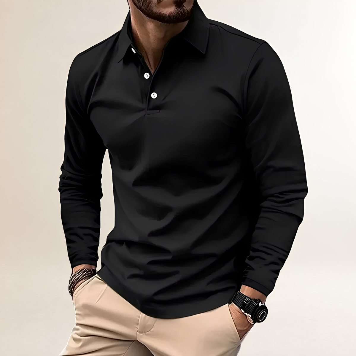 Polo de hombre de manga larga con cuello clásico y ajuste slim - estilo casual versátil