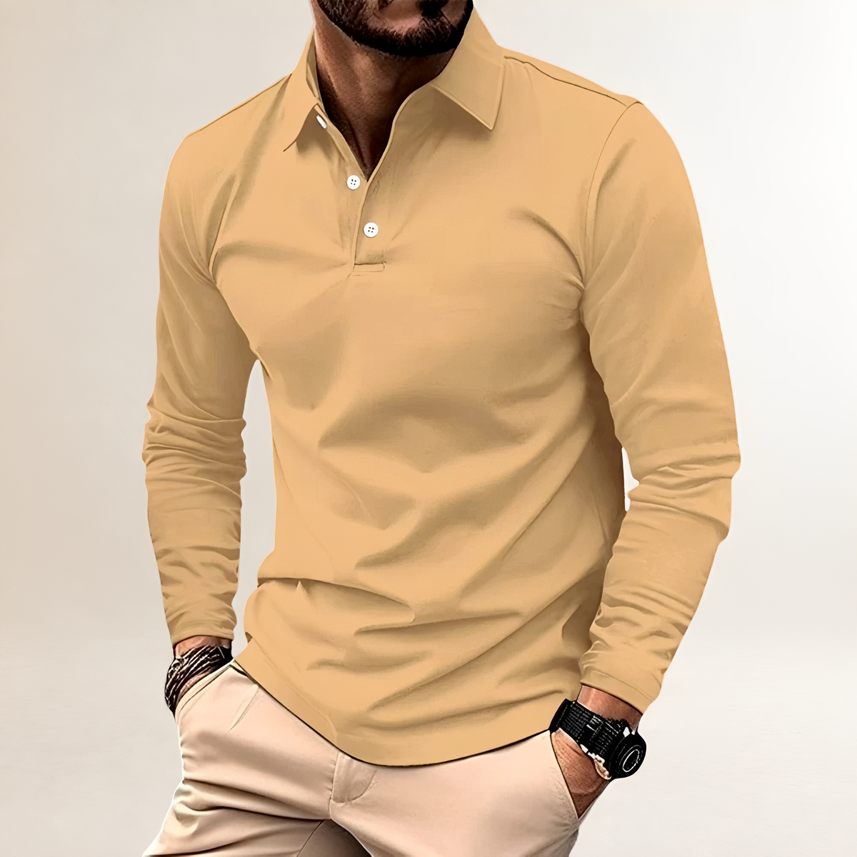 Polo de hombre de manga larga con cuello clásico y ajuste slim - estilo casual versátil
