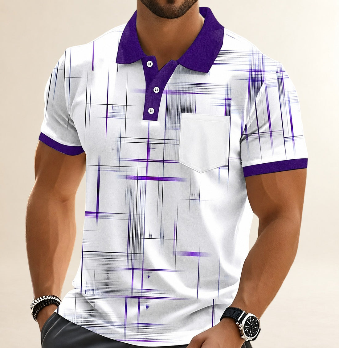 Polo para hombres con estampado geométrico en cuadrícula, bolsillo en el pecho, cuello polo con ribete en contraste, cierre de tres botones, corte