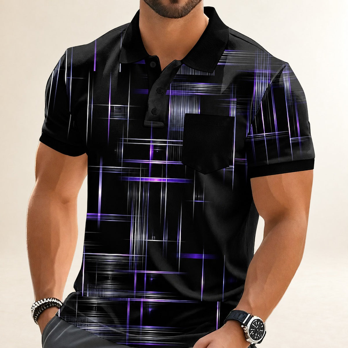 Polo para hombres con estampado geométrico en cuadrícula, bolsillo en el pecho, cuello polo con ribete en contraste, cierre de tres botones, corte