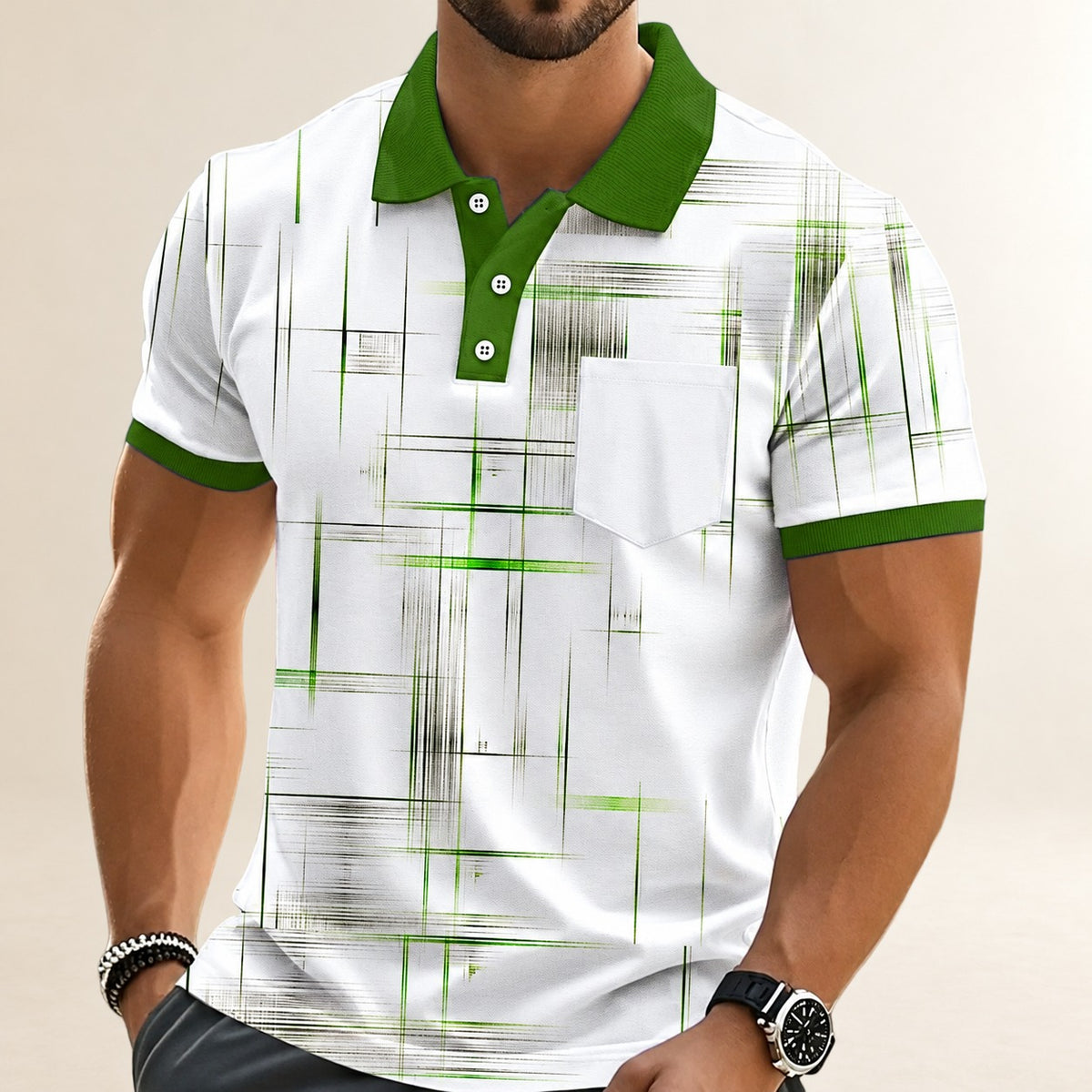 Polo para hombres con estampado geométrico en cuadrícula, bolsillo en el pecho, cuello polo con ribete en contraste, cierre de tres botones, corte