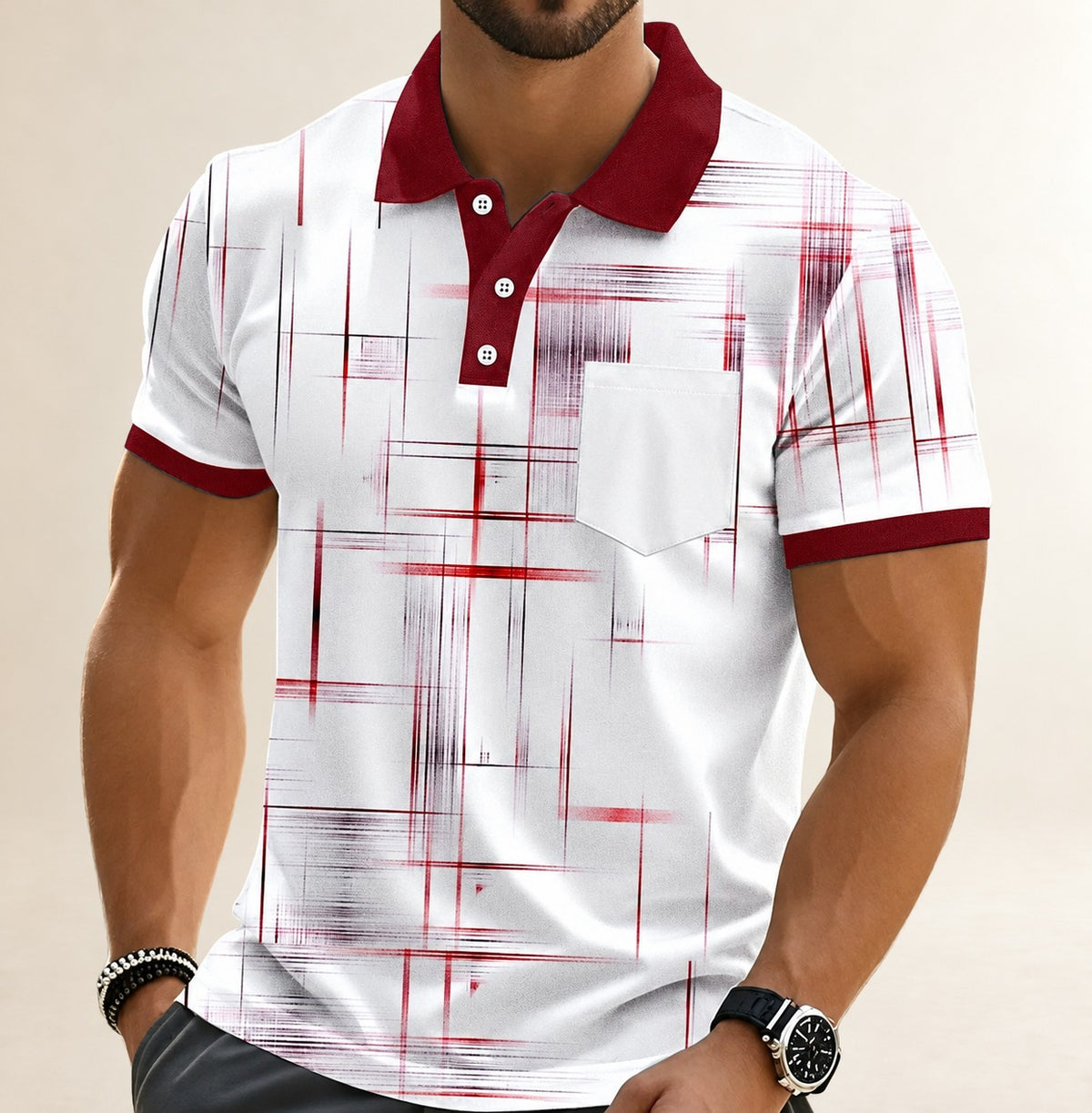 Polo para hombres con estampado geométrico en cuadrícula, bolsillo en el pecho, cuello polo con ribete en contraste, cierre de tres botones, corte