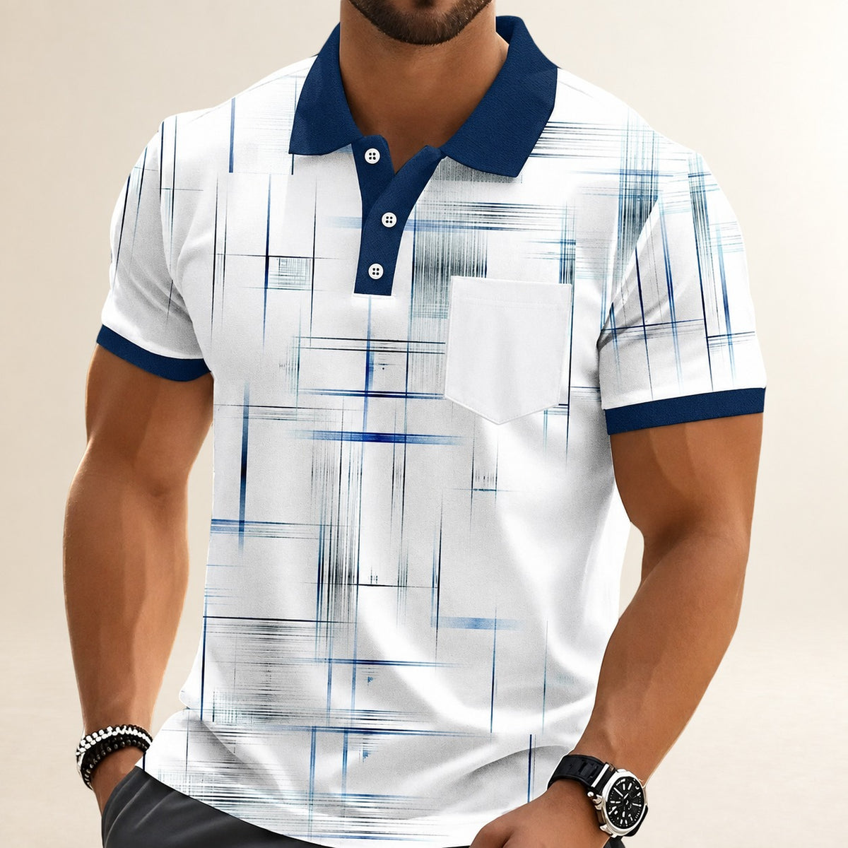 Polo para hombres con estampado geométrico en cuadrícula, bolsillo en el pecho, cuello polo con ribete en contraste, cierre de tres botones, corte