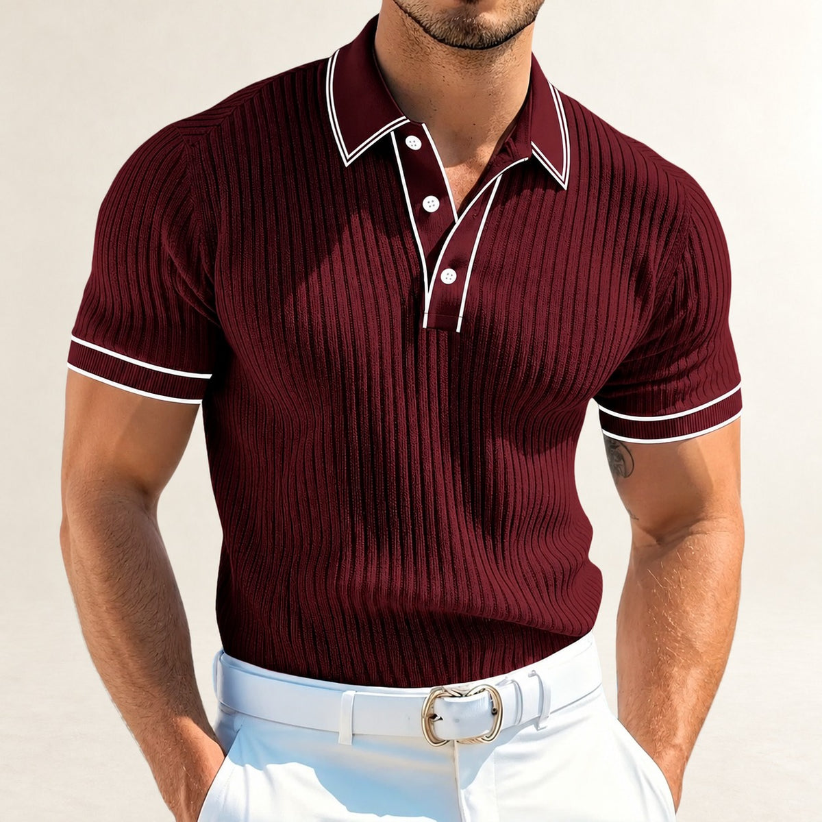 Polo para hombres con ribete en contraste, manga corta, abertura de 3 botones, textura vertical, corte relajado