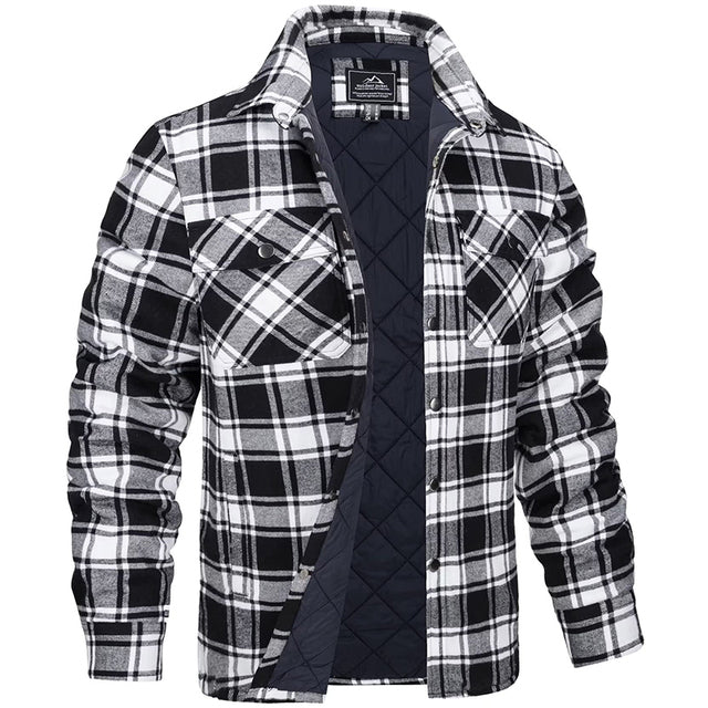 Sobrecamisa de cuadros para hombre con forro, bolsillos en el pecho y cuello abotonado, ideal para uso casual y actividades al aire libre.